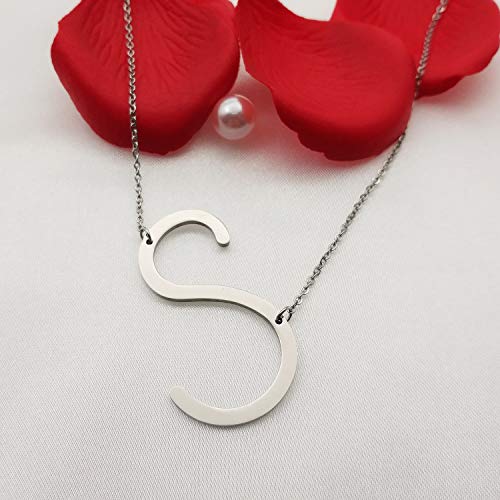 MOMOL Sideways Initial Necklace 18K Gold Plated Stainless Steel Large Big Letters Pendant Necklace Script Name Monogram Necklaces for Women - color: S