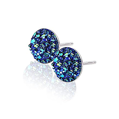 Silver-tone Faux Druzy Stud Earrings，925 Sterling Silver Hypoallergenic Natural Gemstone Earrings for Women Trendy Fashion - color: Blue