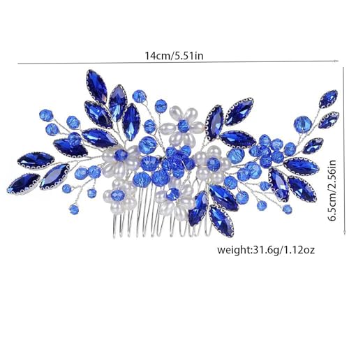 Flower Leaf Design Wedding Hair Comb, Metal Bridal Hair Accessory with Rhinestone, Wedding Prom Hair Clip Headpiece for Women (Blue White Flower) - color: Blue White Flower