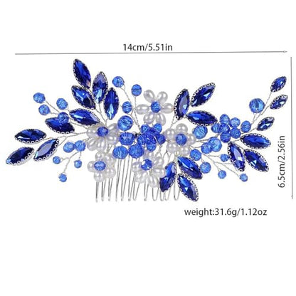 Flower Leaf Design Wedding Hair Comb, Metal Bridal Hair Accessory with Rhinestone, Wedding Prom Hair Clip Headpiece for Women (Blue White Flower) - color: Blue White Flower