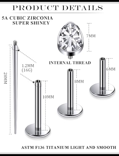 16G Astm F136 Titanium Internal Thread Flat Back Earrings Nose Studs Tragus Forward Helix Conch Cartilage Lobe Earrings Stud Medusa Labret Monroe Lip Ring Piercing Jewelry For Women Men - size: 16G--Style D-CZ