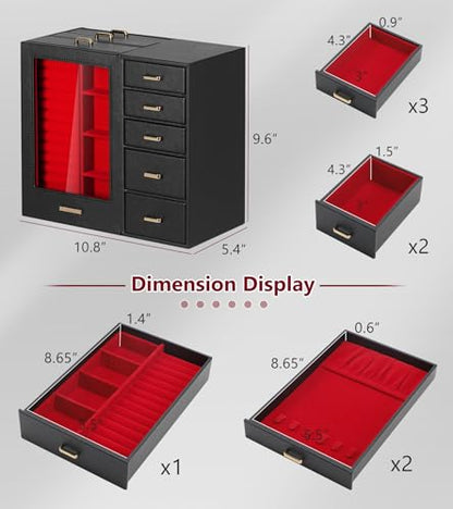 Homde Large Jewelry Box/Organizer/Case with Glass Window, Drawers for Necklaces Earrings Rings Bracelets Watches Gift for Women Girls - color: Black + Red+ Gold