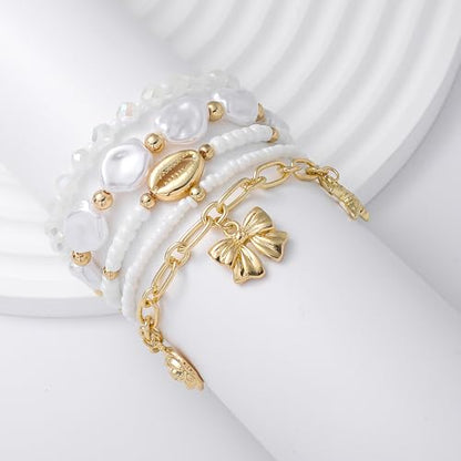 Summer Surfer Heishi Bracelet Set for Women Stackable Gold Plated Clay Ploymer Bead Stretch Pink Beach Layering Bracelets Jewelry - color: A-Q 5PCS