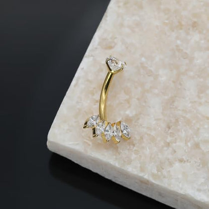 XUU Titanium Belly Button Rings 14G, Implant-Grade Navel Piercing, Luxury CZ Shape with Flower Butterfly, Hypoallergenic Curved Barbell Jewelry for Women, Gold or Silver - style: Crown-Gold
