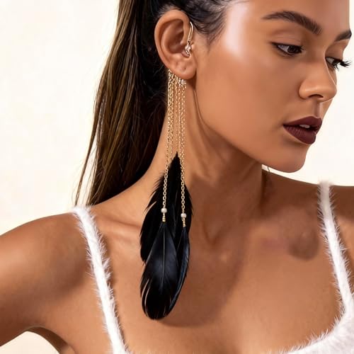 Feather Earrings for Women Ear Cuffs Long Tassel Boho Clip Earrings Red White Non Piercing Earring Statement Jewelry Birthday Prom Jewelry Gifts - color: A2:black tassel feather ear clips