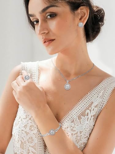 Women 4Pieces Cubic Zirconia Jewellery Set Rhinestone Necklace Earrings Bracelet Ring - color: Silver