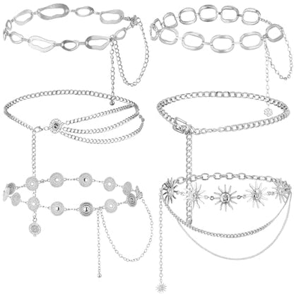 Liliaafar 6 Pcs Gold Silver Waist Chain Belt for Women Multi Layer Sun Metal Adjustable Body Belly Chain for Jean Dress - color: Silver
