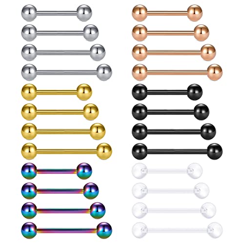Mayhoop 14G Stainless Steel Nipple Rings Tongue Rings Straight Barbell Bars Piercing 12mm 14mm 16mm 18mm in Length for Women Men - color: 24pcs,different colors