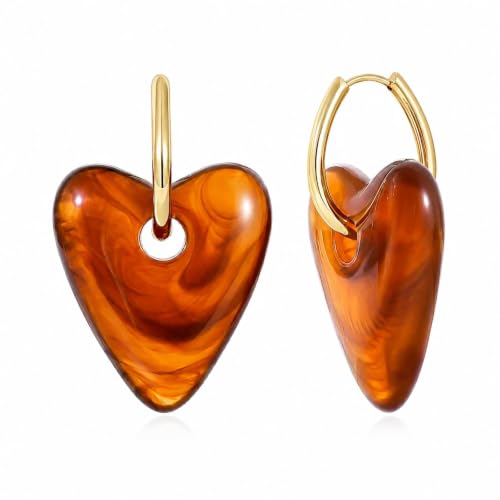 KissYan Resin Heart Earrings for Women, 14K Gold Plated Hoops | Chunky Acrylic Dangle Earrings, Lightweight Vintage Statement Jewelry for Vacation, Summer, Party and Daily Wear - color: Tortoiseshell