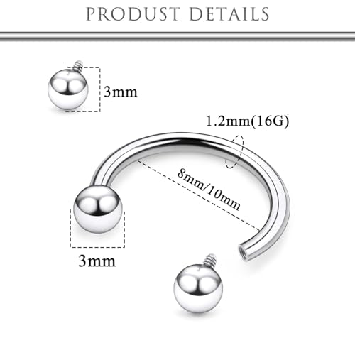 Hoeudjo Internally Threaded Septum Rings 16G Surgical Steel Horseshoe Septum Jewelry Lip Ring 8mm 10mm with Replacement Balls Ball Grabber Tool Smiley Piercing Jewelry for Women Men - color: silvertone