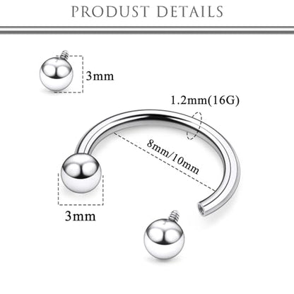Hoeudjo Internally Threaded Septum Rings 16G Surgical Steel Horseshoe Septum Jewelry Lip Ring 8mm 10mm with Replacement Balls Ball Grabber Tool Smiley Piercing Jewelry for Women Men - color: silvertone