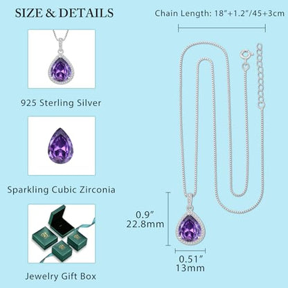 FJ Teardrop Pendant Necklace 925 Sterling Silver Birthstone Jewelry for Women - color: 02 February-Amethyst