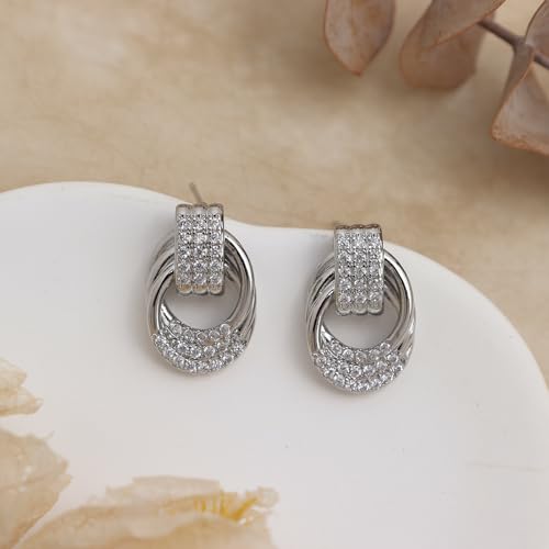 Jean Beau Chunky Gold Stud Earrings for Women Trendy Gold Plated Dangle Drop Prom Birthday Fashion Office Jewelry Gift - color: Silver CZ