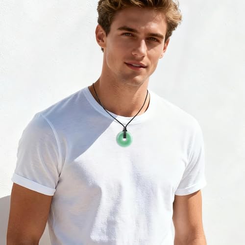 Anjiucc Natural Gemstone Pendant Necklce Lucky Coin Crystal Necklace Donut Pendnat with Adjustable Rope Healing Crystal for Men - color: Green Aventurine