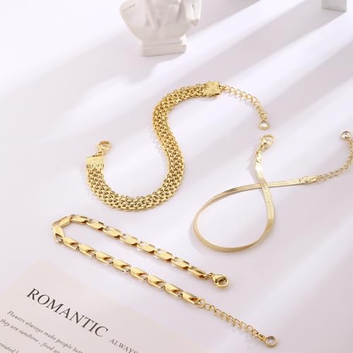 Cuzmly Bracelets for Women, Waterproof 14K Gold/Silver Plated Stackable Bracelets for Women Non Tarnish Trendy Dainty Paperclip Figaro Box Herringbone Hand Chain Bracelet Pack Stack Adjustable Jewelry for Women - style: 3 Net