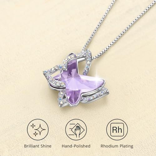 Butterfly Necklace, Birthstone Crystal, for Women, Silver Tone Pendant Jewelry, Anniversary Birthday Gift for Her, Wife & Mom, 18"+2" - color: 06-June Birthstone - Alexandrite Light Purple Crystal
