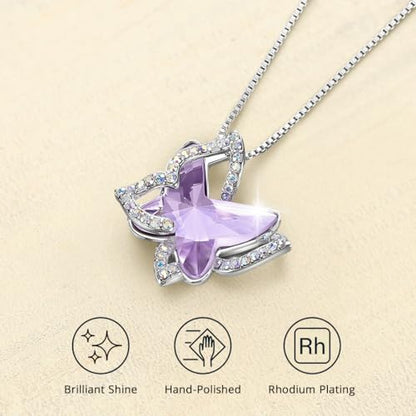 Butterfly Necklace, Birthstone Crystal, for Women, Silver Tone Pendant Jewelry, Anniversary Birthday Gift for Her, Wife & Mom, 18"+2" - color: 06-June Birthstone - Alexandrite Light Purple Crystal