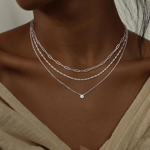 CHESKY Layered Silver Necklace for Women Trendy,Dainty Silver Plated Stackable Charm Necklace Layering Paperclip Tennis Rope Chain CZ Pendant Jewelry Set Gifts - style: CZ-silver