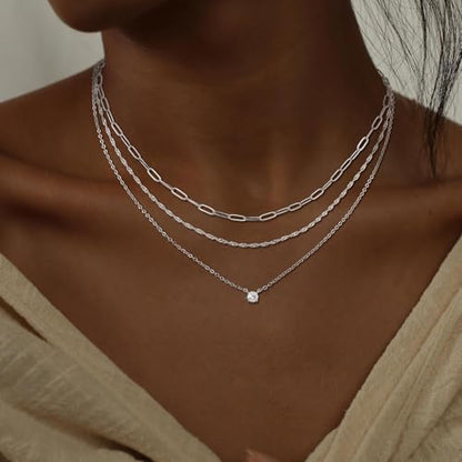 CHESKY Layered Silver Necklace for Women Trendy,Dainty Silver Plated Stackable Charm Necklace Layering Paperclip Tennis Rope Chain CZ Pendant Jewelry Set Gifts - style: CZ-silver