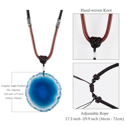SUNYIK Natural Agate Slice Pendant Necklace for Women Men | Irregular Agate Slice Druzy Geode Pendant Necklace, Adjustable Nylon Rope 17"-29", Boho Healing Crystal Jewelry for Unisex - color: Blue