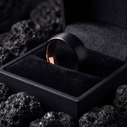 Tungsten Wedding Band Ring 10mm 8mm 6mm 4mm for Men Women 18k Rose Gold Plated Dome Black Grey Brushed Polished - color: 5 Rose Gold Black Tungsten