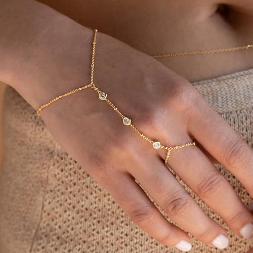 3PCS 14K Gold-Plated Hand Chain Bracelets for Women, Stack Bracelets Set Adjustable, Trendy Dainty Ring Bracelet Hand Chain - color: gold-3-Lip chain