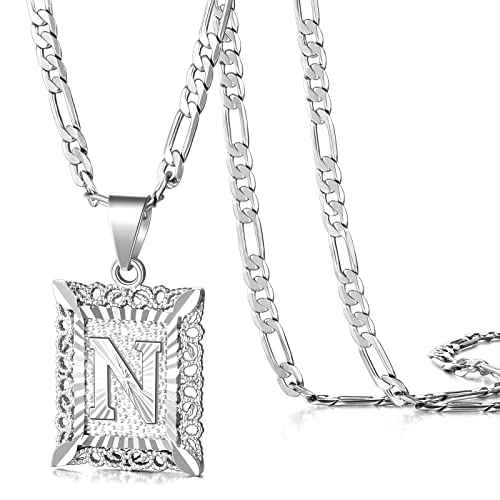 KissYan Initial Necklaces for Women Men | 14K Gold Filled/White Gold Plated, Square Letter Capital Monogram Pendant with 20''+2'' Figaro Chain, Alphabets from A-Z - color: 2-Silver, style: N