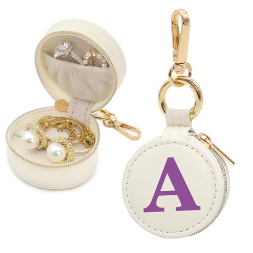 Mini Initial Travel Jewelry Case Ring Holder, Beige Faux Leather Small Jewelry Organizer Box Gifts for Women Girls Nurse Teacher, Gym Travel Accessories Keychain Pouch for Earrings Rings Necklace A - color: Beige, size: Leather-A