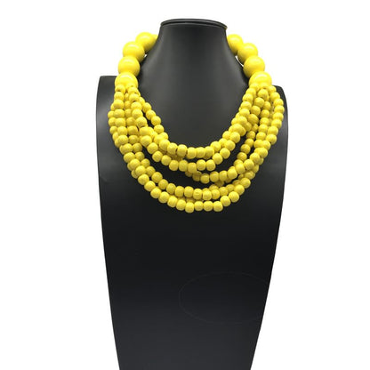 COLORFUL BLING Boho African Wooden Beaded Strands Necklace Ethnic Layered Chunky Collar Choker Wood Necklace for Women Hip Hop Statement Jewelry - color: yellow