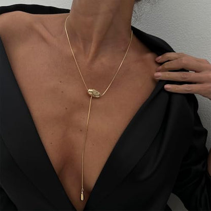 Trendy Long Gold or Silver Teardrop Tassel Y Necklace, Delicate Hollow Irregular Geometric Necklaces for Women Punk Party Charm Statement Jewelry Gift - color: Gold
