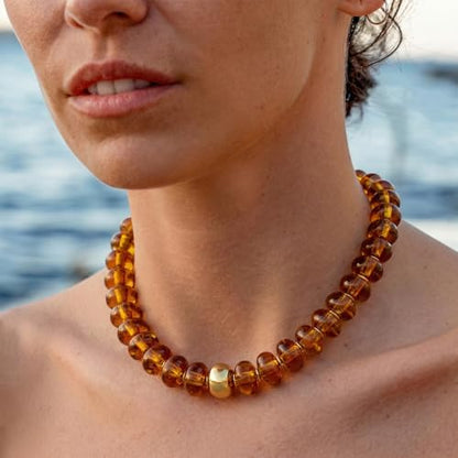 Beaded necklace for Women Boho Bead Gemstone Chunky Necklace Big Bead Necklace Fashion Trendy Summer Necklaces Jewelry Gifts - color: Amber&GD Beaded