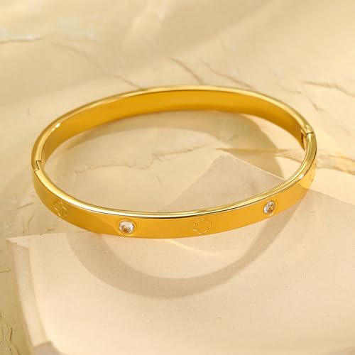Friendship Love Bracelet for Women, 18K Gold Plated Titanium Steel Cuff - color: Gold, size: Clover 7''
