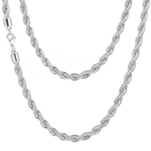 Rope Chain Necklace for Men Women, 316L Stainless Steel Twist Link Chain for Men, Gold Silver Black Tone, Hypoallergenic Waterproof Jewelry Gift for Him Her 3mm 4mm 5mm, 16/18/20/22/24/26 Inch - color: Silver-5mm, size: 20