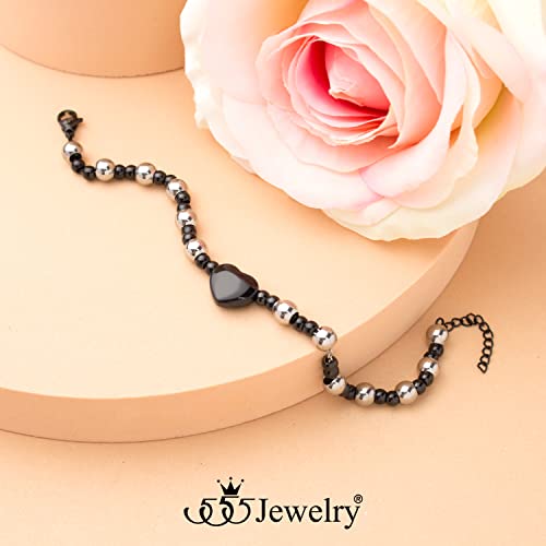 555Jewelry Stainless Steel Beads & Puffed Heart Charm Bracelet for Women & Ladies - color: Silver/Black