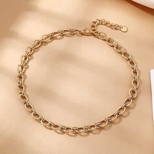 FEEL STYLE Chunky Gold Necklace for Women - 14K Gold Plated 10mm/14mm Cuban Link Chain & 8mm O-Link Chunky Necklace Fashion Jewelry Adjustable - color: Gold Chain, style: 8MM O-Chain