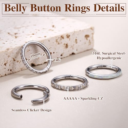 FIBO STEEL 14G Belly Button Rings 316L Surgical Steel Belly Hoop Ring Clear CZ Opal Navel Rings Clicker Segment Belly Piercing Jewelry 10mm 12mm - color: Silver Plated 10mm