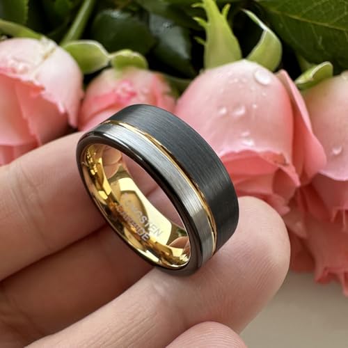 TUTISS 8mm Black/Blue/Gold/Rose Gold Tungsten Rings for Men Women Fashion Engagement Wedding Bands Brushed Finish Offset Line Comfort Fit - color: 8mm Black Gold Tungsten