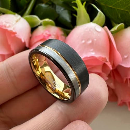 TUTISS 8mm Black/Blue/Gold/Rose Gold Tungsten Rings for Men Women Fashion Engagement Wedding Bands Brushed Finish Offset Line Comfort Fit - color: 8mm Black Gold Tungsten