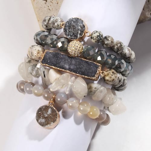 Yomisa 5PCS 6PCS Natural Boho Beaded Bracelets/Bangle for Women Men,Healing Turquoise Jasper Agate Crystal Gemstone Stone Chakra Multilayer Wrap Bohemian Handmade Jewelry Beads Stretch Bracelet Set - color: 5PCS-Gray