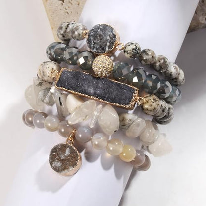 Yomisa 5PCS 6PCS Natural Boho Beaded Bracelets/Bangle for Women Men,Healing Turquoise Jasper Agate Crystal Gemstone Stone Chakra Multilayer Wrap Bohemian Handmade Jewelry Beads Stretch Bracelet Set - color: 5PCS-Gray