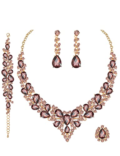 CSY Elegant Crystal Costume Jewelry Sets for Formal Events Gown Accessories | 4-Piece Set Bridal Necklace Earrings Bracelet Ring Set for Brides Eco-friendly Statement Jewelry for Wedding Party Prom - color: amethyst purple