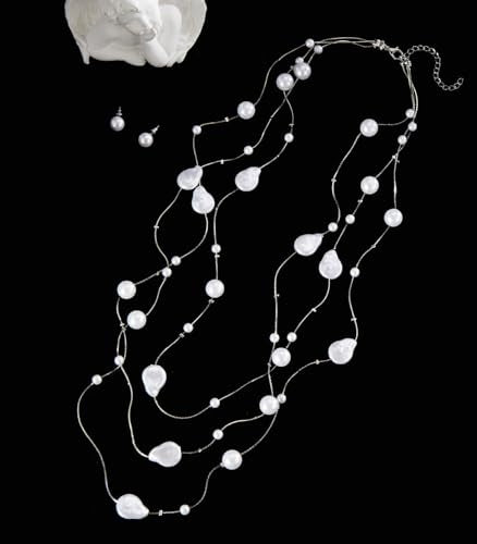Errally Long Pearl Necklace and Earring Set Layered Pearl Beaded Necklaces for Women White Costume Jewelry Sets Gifts for Mom - color: Pear Shaped