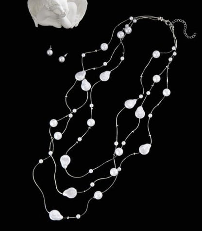Errally Long Pearl Necklace and Earring Set Layered Pearl Beaded Necklaces for Women White Costume Jewelry Sets Gifts for Mom - color: Pear Shaped