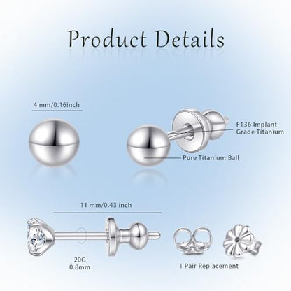 Limerencia Hypoallergenic G23 Pure F136 Implant Grade Titanium Earrings | 20G Flat Back Studs with CZ, Available in Round, Princess-Cut, Square & Ball, Earrings for Women and Men with Sensitive Ears - style: 4mm Round Ball