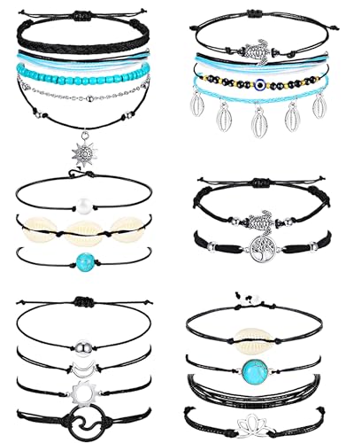 Hicarer 21 PC Surfer Wave Friendship Bracelet Set Waterproof Adjustable Boho Beach String Anklets Bulk, Summer Gift for Women - style: Black Series