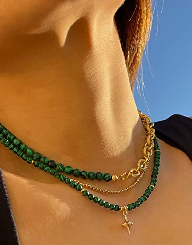 PEARLADA Turquoise Beaded Choker Necklace Chakra Stone Necklace Adjustable - color: Malachite Beads 6mm