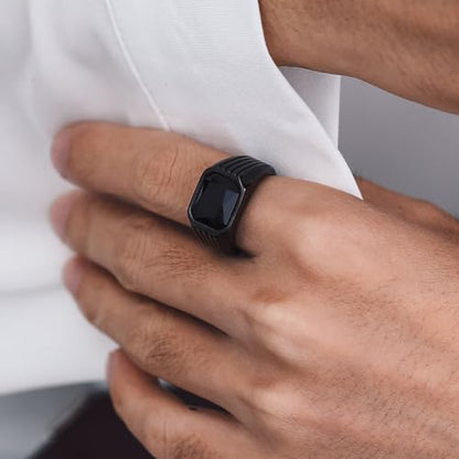 Cubic Zirconia Rings for Men Women Stainless Steel Birthstone Ring Square Cut Statement Jewelry Size 7-14 - color: Black-Black Onyx, size: 10