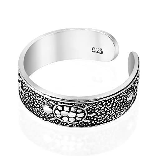 AeraVida .925 Sterling Silver Adjustable Toe Ring or Pinky Ring 5mm Wide Open Band, Stackable Minimalist Summer Foot Jewelry | Sun Moon Star Turtle Butterfly Leaf Olive Branch Ocean Wave Yin Yang Design - style: Turtle