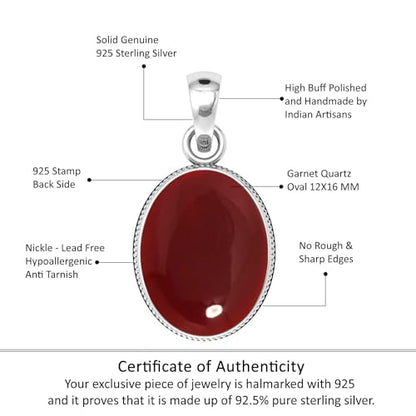 Chunky Natural Gemstone Pendant Necklace For Women Onyx, Turquoise, Amber, Garnet Oval Boho Genuine 925 Sterling Silver Handmade Jewelry - color: Garnet Quartz