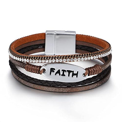 Bohemian Faux Leather Wrap Multi Layer Statement Bracelet Cross Christian Religious Leatherette Cuff Crystal Rhinestone Metallic Bead Inspirational Bracelets - color: H